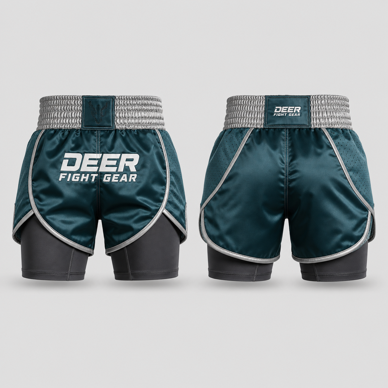 Deep Teal Silver Hybrid Compression Muay Thai Shorts