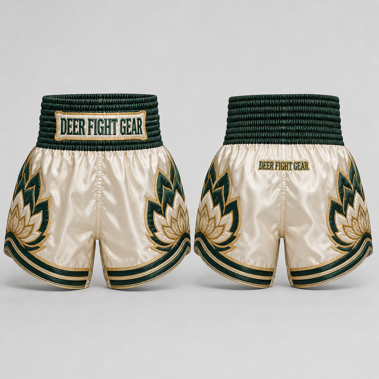 Heritage Ivory Green Gold Lotus Muay Thai Shorts