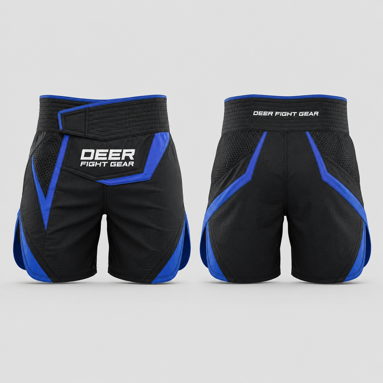 Modern Black Cobalt Mesh Kick-Cut Muay Thai Shorts