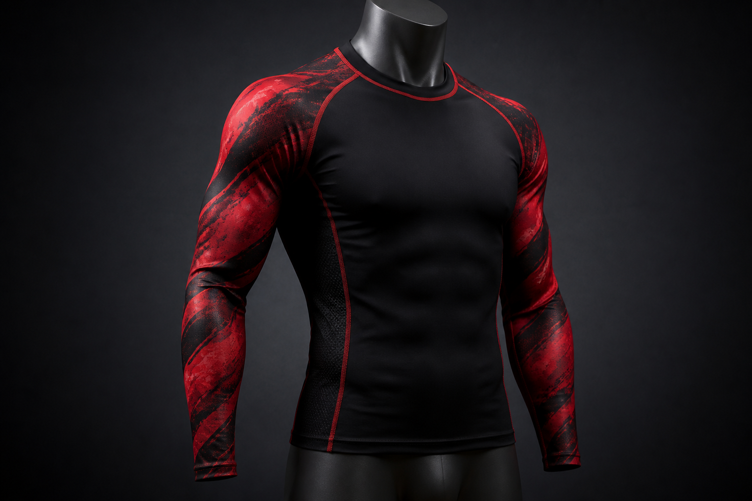 Black and red long-sleeve MMA rash guard
