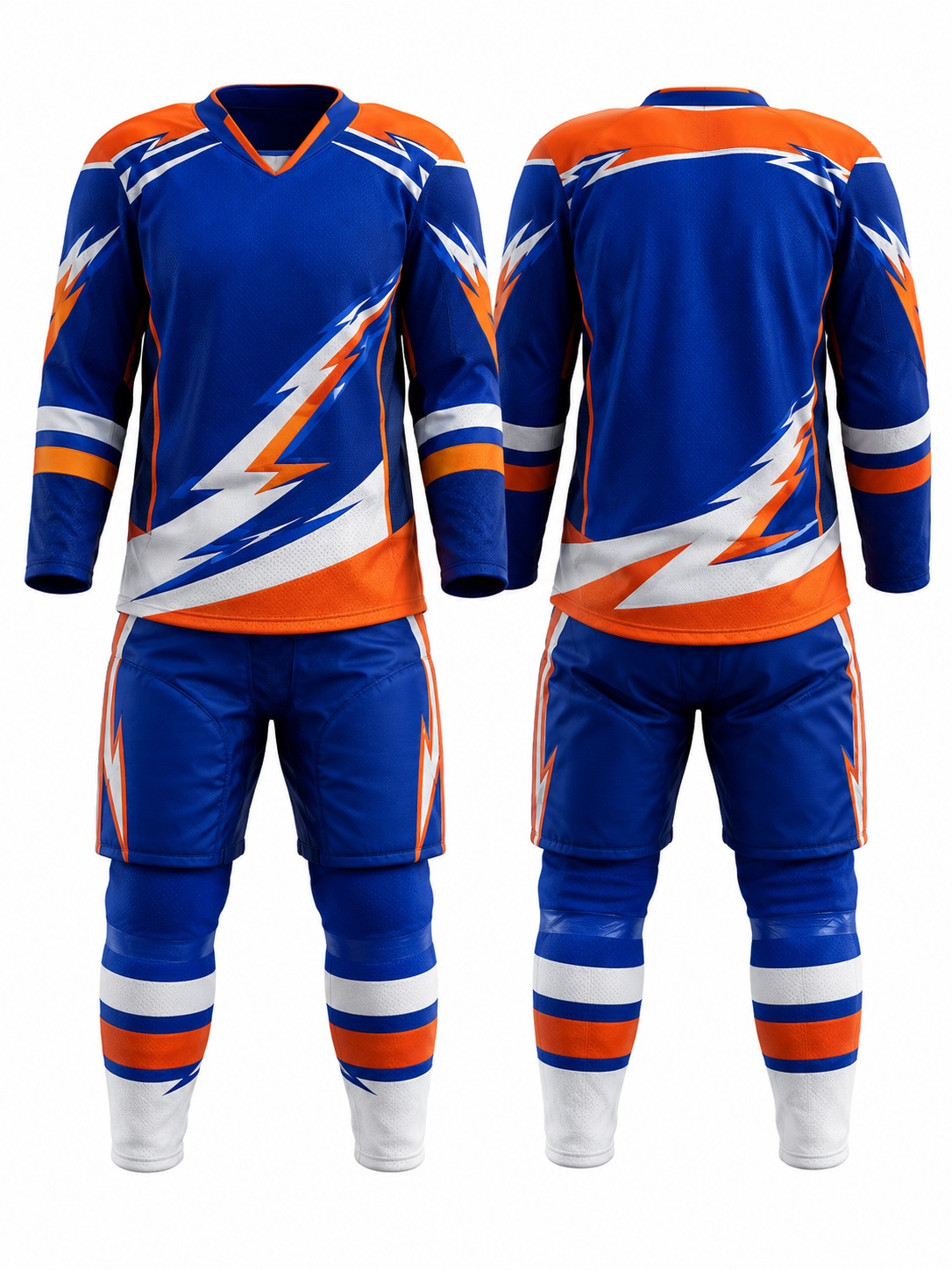 Custom Ice Hockey Blue Orange Lightning Hockey Uniform manufactured by Deer Fight Gear